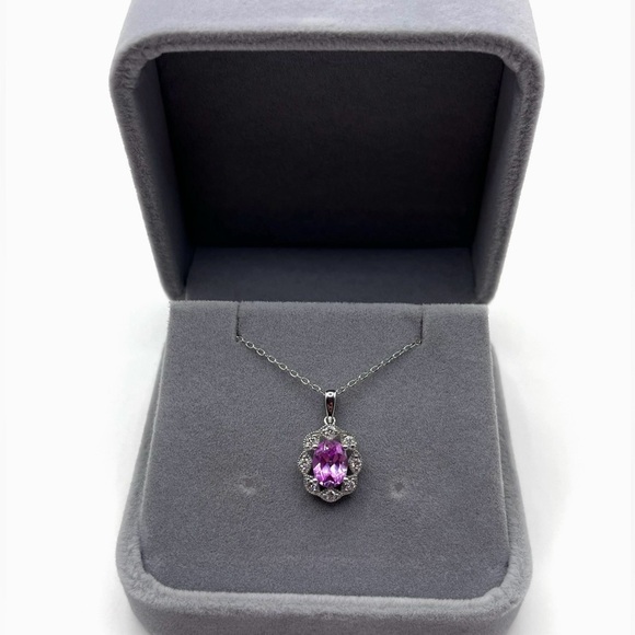 1.25 CT Oval Cut Pink Sapphire and .30 CT Diamond Necklace 925 Sterling Silver - Picture 3 of 7